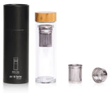 Smartfox NZ Tea & Fruit Infuser Bottle in high borosilicate glass with bamboo lid, perfect for brewing tea and infusing fruits.