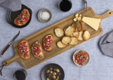 Elegant Acacia hardwood tapas serving board with dual handles, juice rim, unique grain, and luxurious presentation box.