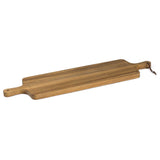 Elegant Acacia wood tapas serving board with dual handles, juice rim, and leather loop for easy hanging. Perfect for entertaining.