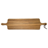 Elegant Acacia hardwood tapas serving board with dual handles, juice rim, and unique wood grain; perfect for hosting.