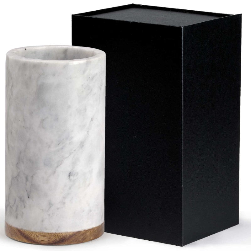 Elegant Vino Marble Cooler features cool white marble with grey veining and Acacia wood base, perfect for chilling wine.