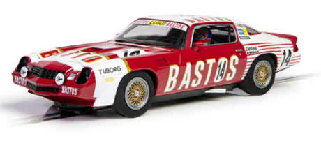 Slot car replica of the 1980 Spa 24Hrs Chevrolet Camaro Z28 #14, featuring striking red and white livery for racing enthusiasts.