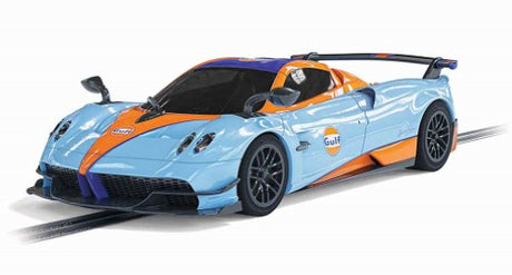 Gulf Pagani Huayra Roadster slot car in vibrant Gulf Oil livery, ideal for collectors and Scalextric enthusiasts.