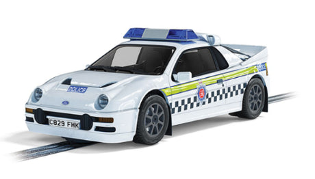 Ford RS200 Police Edition slot car with vibrant police graphics and working lights, perfect for racing enthusiasts and collectors.