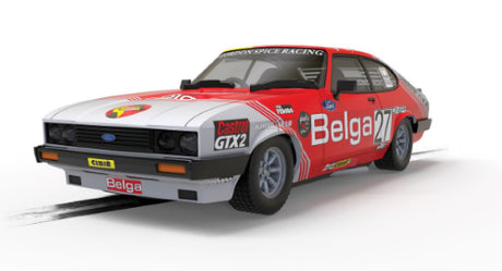 Slot car model of Ford Capri Mk3, celebrating its 1978 Spa 24 Hours victory with authentic details and striking Belga livery.