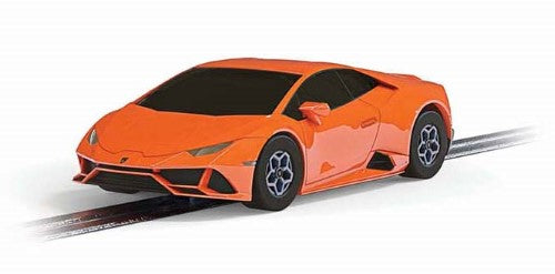 Micro 9v Huracan Orange slot car, a detailed 1:64 scale Lamborghini with V10 sound, perfect for thrilling racing on Scalextric tracks.