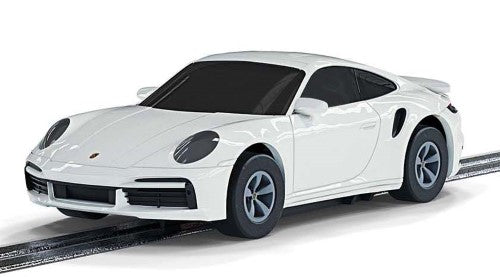 Micro 9V Porsche 911 Turbo in white, 1:64 scale model with turbo engine, Magnatraction for smooth slot racing.