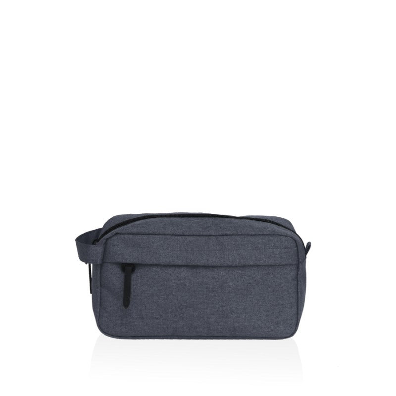 Stylish black and white striped wash kit with spacious compartments for toiletries, crafted from durable polyester.