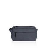 Stylish black and white striped wash kit with spacious compartments for toiletries, crafted from durable polyester.
