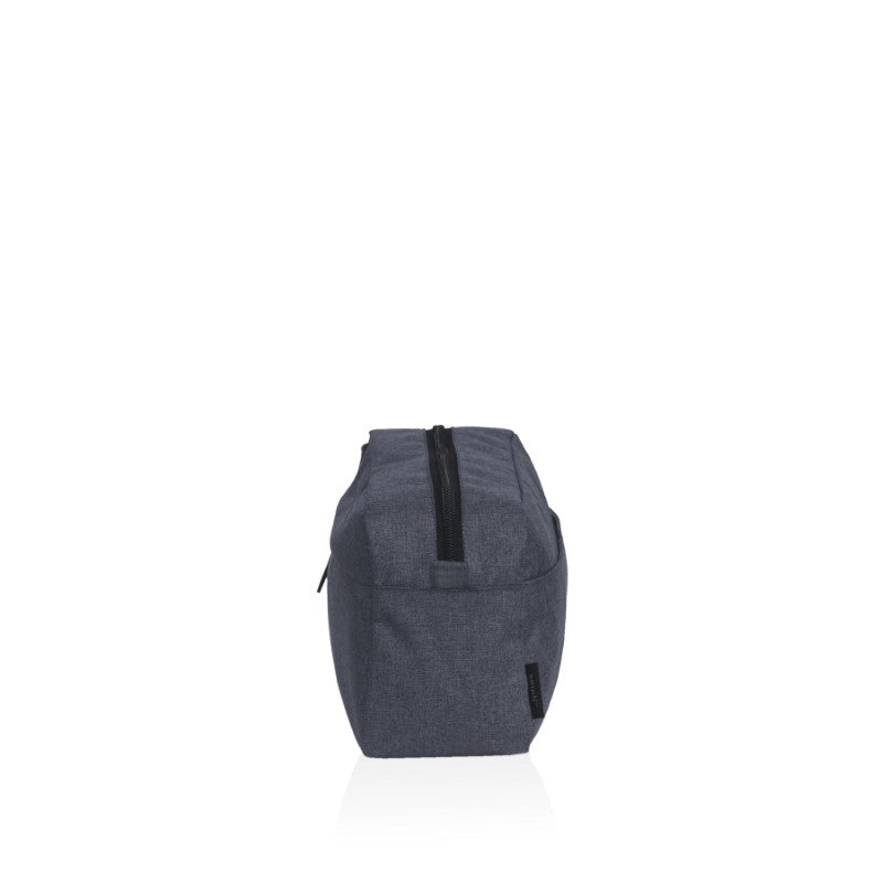Stylish black and white striped wash kit made from durable polyester, featuring zip pockets and organized mesh compartments.