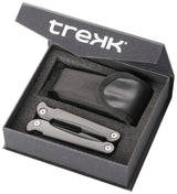 Versatile silver Trekk Multi-tool featuring 13 functions, durable stainless steel, and includes a nylon pouch and gift box.