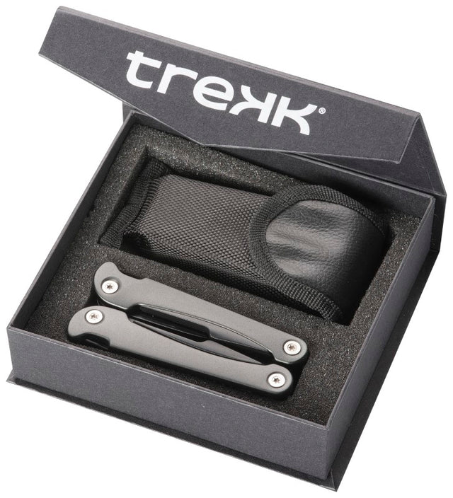 Versatile silver Trekk Multi-tool featuring 13 functions, durable stainless steel, and includes a nylon pouch and gift box.