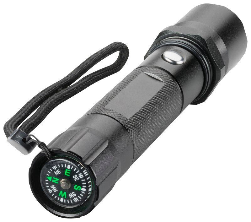 Trekk Torch with Compass in black, featuring a 1W LED, 3 light modes, and comes with a wrist strap and carry pouch.