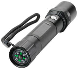Trekk Torch with Compass in black, featuring a 1W LED, 3 light modes, and comes with a wrist strap and carry pouch.