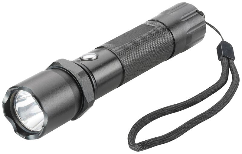 Trekk Torch with Compass in black, featuring a 1W LED, three light modes, wrist strap, and included batteries in a gift box.