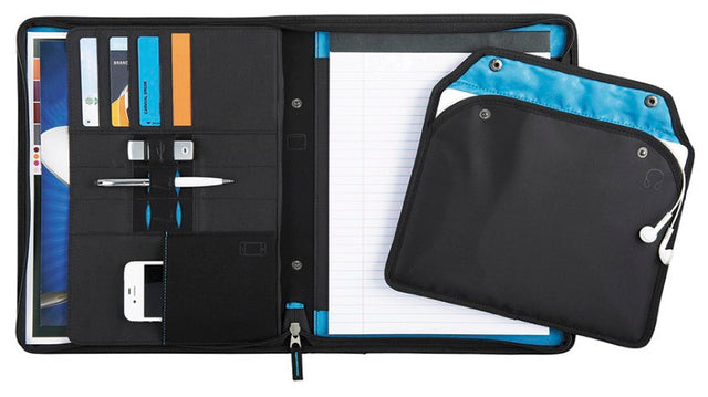 Compendium Zoom 2-In-1 Tech Sleeve Padfolio in sleek nylon with removable sleeve, document pocket, and organized storage features.