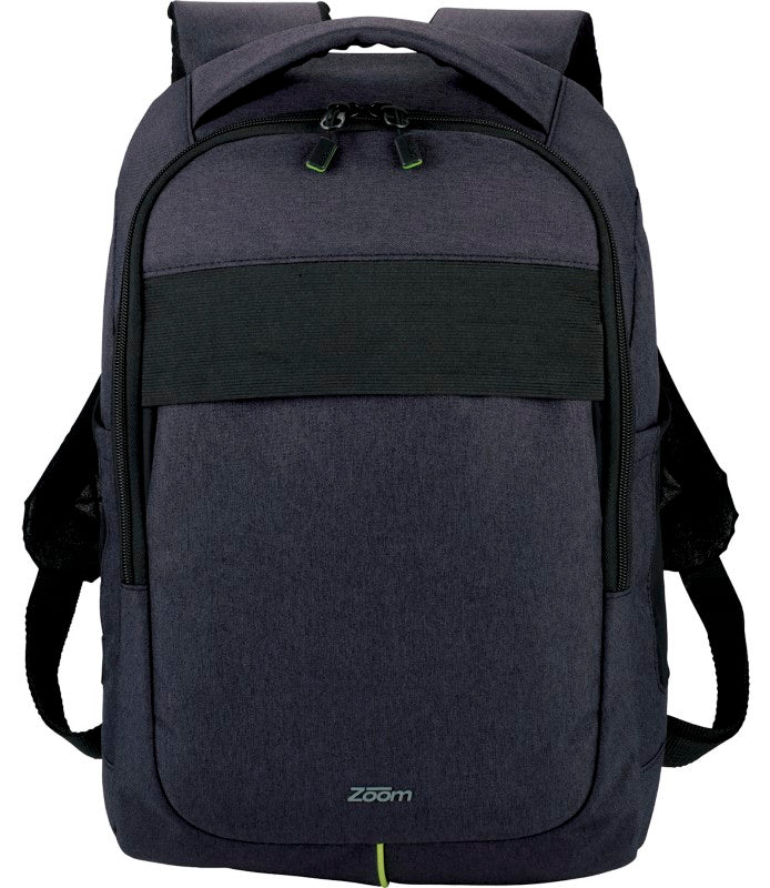 Durable polyester backpack with padded 17" laptop sleeve, quick access pockets, and trolley handle slide design.