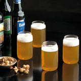 Four can-shaped high borosilicate glasses, 550ml each, perfect for cocktails and beer, elegantly packaged for gifting.