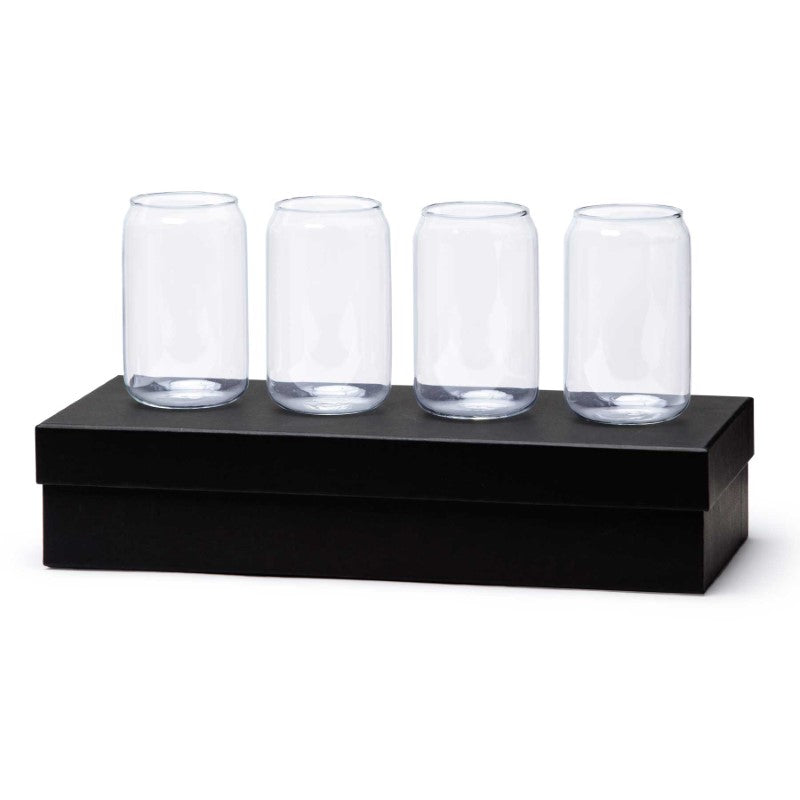 Four can-shaped beer glasses made of high borosilicate glass, stylishly packaged for unique drinking experiences.