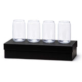 Four can-shaped beer glasses made of high borosilicate glass, stylishly packaged for unique drinking experiences.