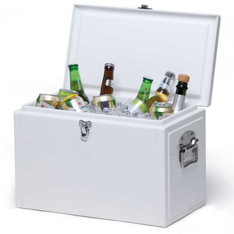 Durable 20L Detroit Cooler Box with leak-proof liner, retains ice for 48 hours, features sturdy carry handles and secure lid.