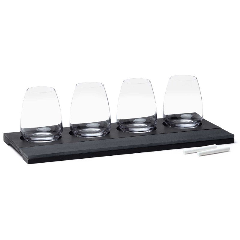 Elegant Sommelier Wine Tasting Set with four stemless glasses and a stylish pine tray for organized wine enjoyment.