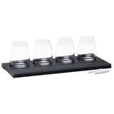 Elegant Sommelier Wine Tasting Set with four stemless glasses and a stylish pine tray for organized wine enjoyment.