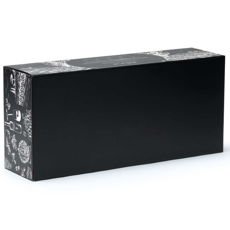 Elegant Sommelier Wine Tasting Set with 4 stemless glasses, pine tray, slate panel for labeling, and classy black presentation box.