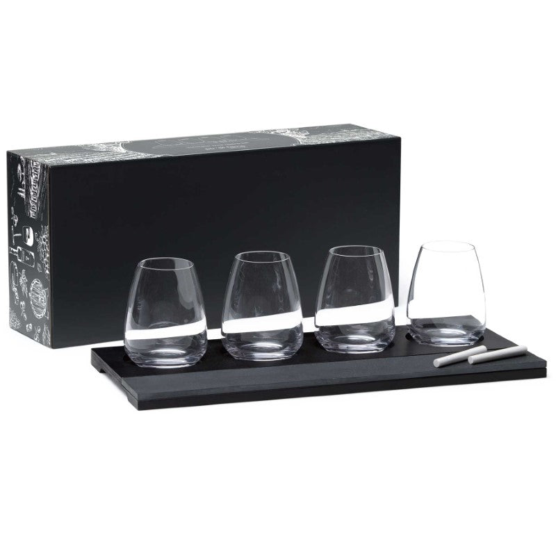 Elegant Sommelier Wine Tasting Set featuring 4 stemless glasses, pine tray, and slate panel for wine labeling. Perfect for enthusiasts.
