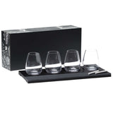 Elegant Sommelier Wine Tasting Set featuring 4 stemless glasses, pine tray, and slate panel for wine labeling. Perfect for enthusiasts.