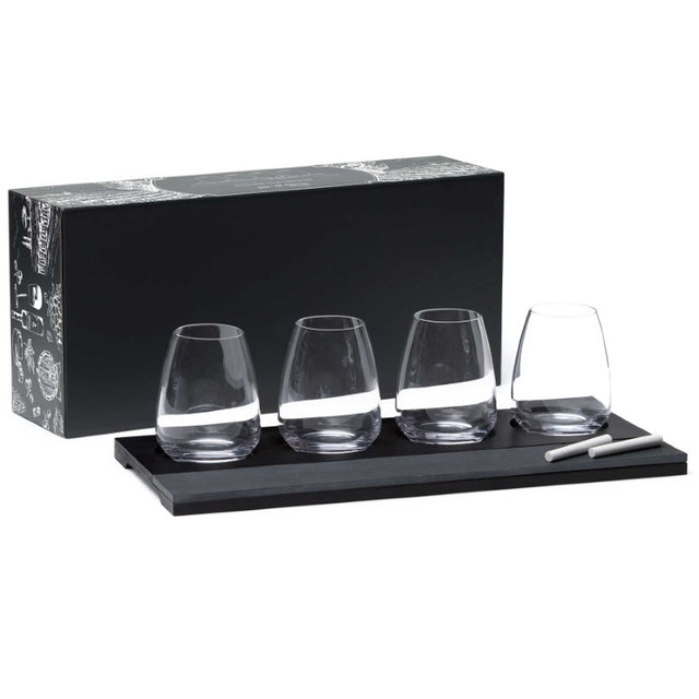 Elegant Sommelier Wine Tasting Set featuring 4 stemless glasses, pine tray, and slate panel for wine labeling. Perfect for enthusiasts.