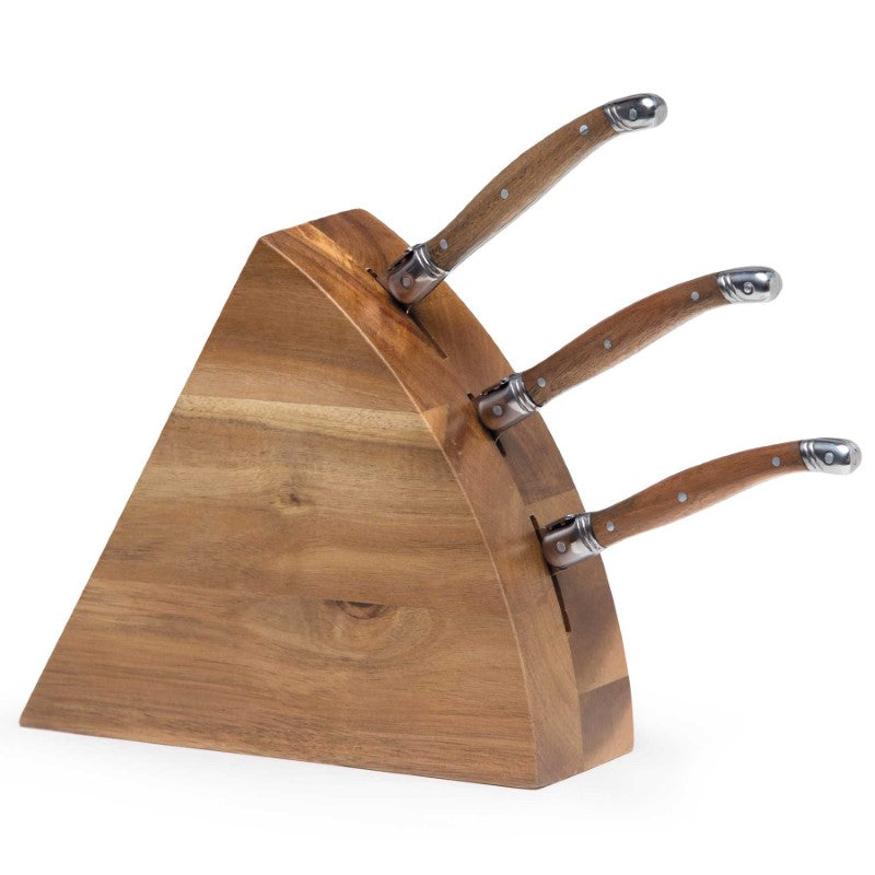 Wedge Cheese Knife Block Set featuring Acacia wood block and 4 stainless steel knives for elegant cheese serving.
