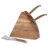Elegant Wedge Cheese Knife Block Set featuring 4 stainless steel knives and a unique Acacia wood block for cheese enthusiasts.