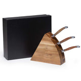 Wedge Cheese Knife Block Set in an elegant Acacia wood display, featuring four unique stainless steel knives for serving cheese.