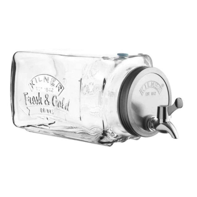 Kilner 3 Litre Fridge Dispenser with easy-pour tap, stainless steel lid, and clear measuring scale for hydration tracking.