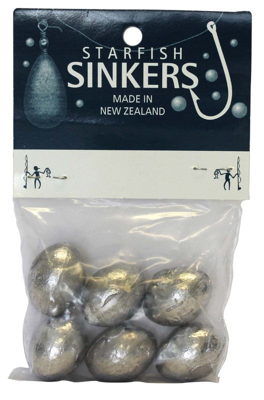 Starfish Egg Sinker Packet 1.5oz contains 6 versatile sinkers for stability in estuary fishing rigs and reduced drag.