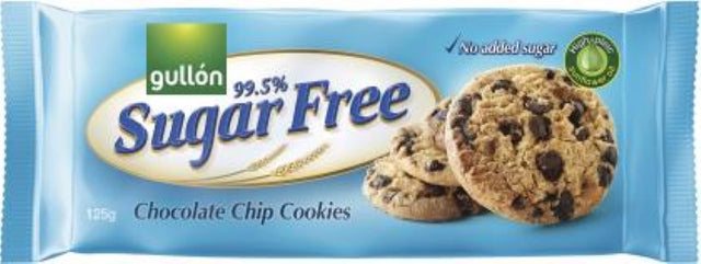 Sugar-free chocolate chip biscuits from Gullon, perfect for guilt-free snacking, crafted in Spain, 125G pack.