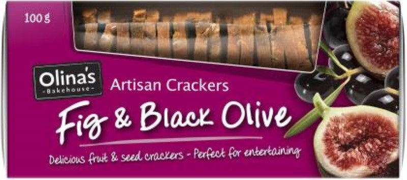 Crispy Olinas crackers featuring black olives and figs, perfect for dips, cheeses, and gourmet snacking.