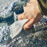 Set of 20 frosted clear ice scrapers made of durable polystyrene, featuring a serrated edge for effective ice removal.
