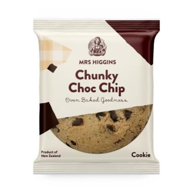 Individually packaged Mrs Higgins Chunky Choc Chip cookies, rich with chocolate chunks, perfect for sharing or snacking.