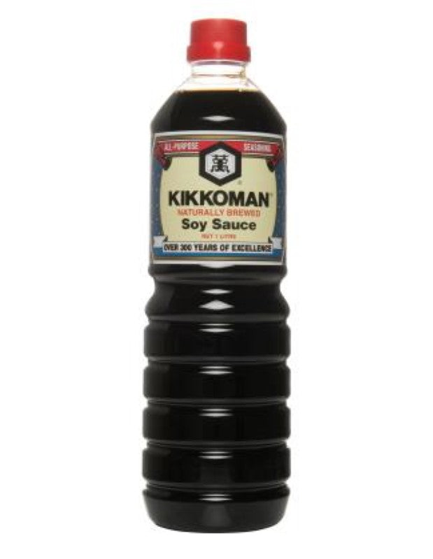 1L bottle of Kikkoman Soy Sauce, crafted naturally for rich umami flavor, perfect for enhancing various dishes without overpowering.