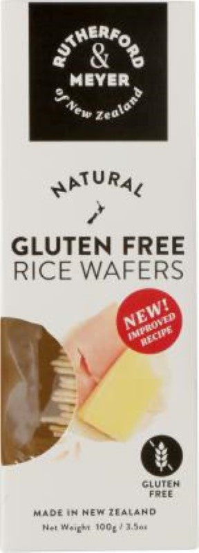 Crispy 100g pack of Rutherford & Meyer Natural Rice Wafers, perfect for healthy snacking and pairing with cheeses or spreads.