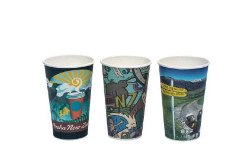 Eco-friendly 500ml Kiwiana paper cups by Future Friendly, pack of 50, perfect for hot drinks at cafes and events.