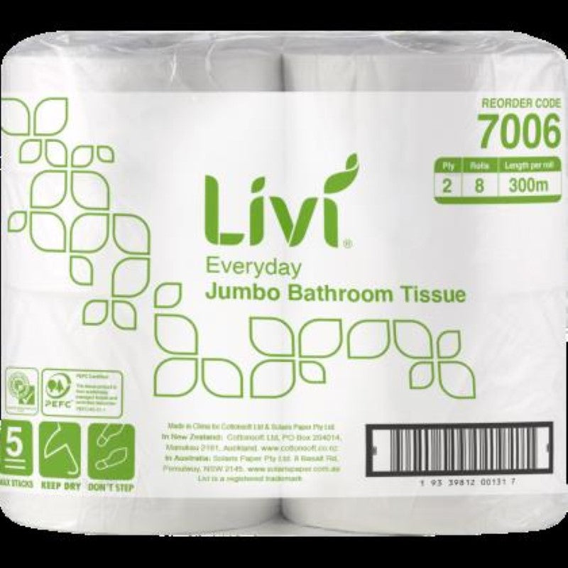 Livi 2 Ply Jumbo Toilet Roll pack of 8, each roll 300m, designed for high-traffic restrooms, offering strength and comfort.