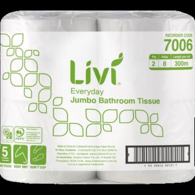 Livi 2 Ply Jumbo Toilet Roll pack of 8, each roll 300m, designed for high-traffic restrooms, offering strength and comfort.