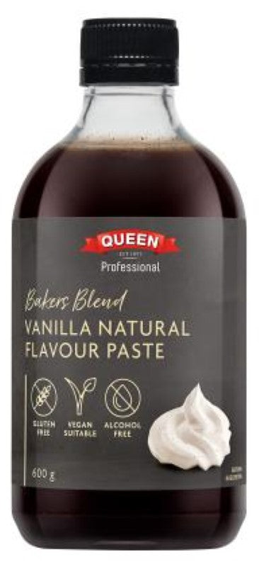 Queen Vanilla Natural Flavour Paste in a 600g jar, dark brown gel with rich vanilla aroma for enhancing baked goods.