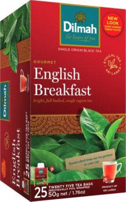 Foil envelope containing Dilmah's English Breakfast Tea bags, rich Ceylon flavor, individually sealed for freshness.