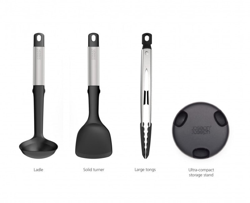 Joseph Joseph Elevate Fusion 3-piece silicone utensil set with stand, featuring heat-resistant tools and innovative Elevate technology.