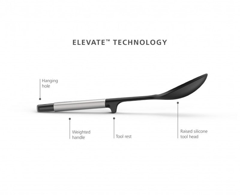 Joseph Joseph Elevate Silicone Solid Spoon with heat-resistant head, stainless-steel handle, and integrated tool rest for cleanliness.