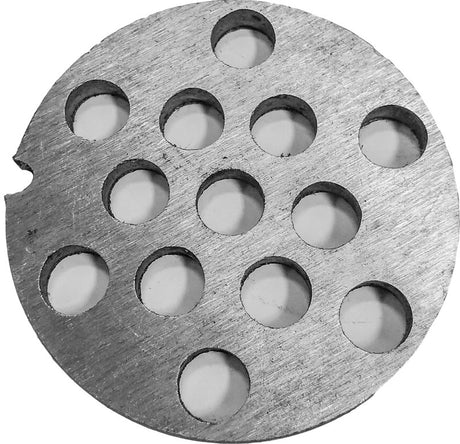 Durable Anglers Mate size 10 mincer spare plate with a 10mm hole, designed for efficient meat processing and longevity.